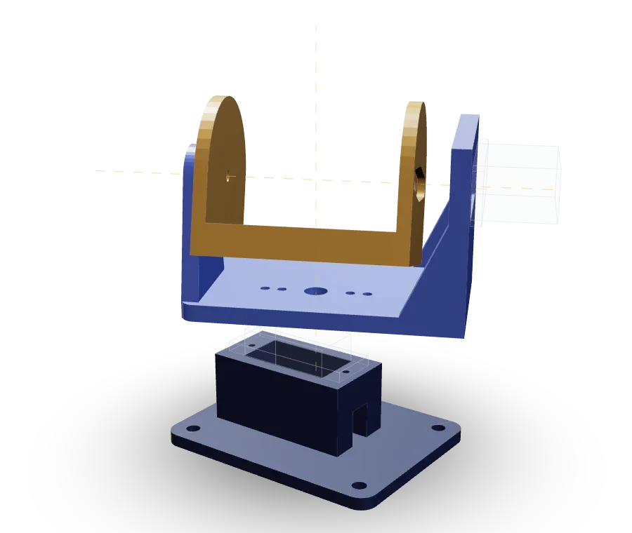 3D render of the Skynode pan-tilt mount from its CAD files: a base holding the pan servo, a yoke on top, and a camera arm between the yoke's uprights.